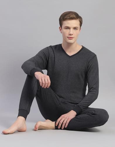 Monte Carlo Mens Black Solid Cotton Blend V Neck Full Sleeve Thermal Vest (6230BM7BL-0-38) 5