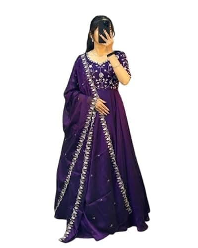 Dhanushlifestyle Women Dress | Jumpsuit | Jumpsuits for Women Stylish Mauve Satin Anarkali Gown Dress with Embroidered Yoke, Flared Floor Length Ethnic Dress (in, Alpha, 3XL, Regular, Purple)