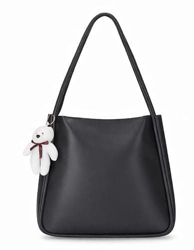 SIJJEEL Women's Handbag, Black Synthetic Leather Shoulder Bag with Bear Charm, Rectangular Tote with Zipper Closure, One Size