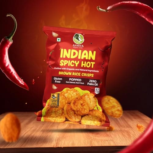 Asmita Organic Farms Brown Rice Popped Crisps (55g, Pack of 3) | Not Baked, Not Fried | Low Fat, High Fiber, with Foxtail Millet | Healthy, Low-Calorie, Popped Snack | Indian Spicy Hot Flavor, Guilt-F 3