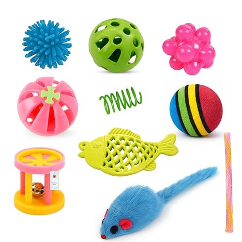 Foodie Puppies 10Pcs Interactive Cat Mini Toy Combo Set for Cats & Kittens - (Puffer, Mini Fish, Spring, Mesh Fidget, Furry Mouse, Cylinder, Jingling, Rubber, Foam, & Bell Ball Toy for Playing