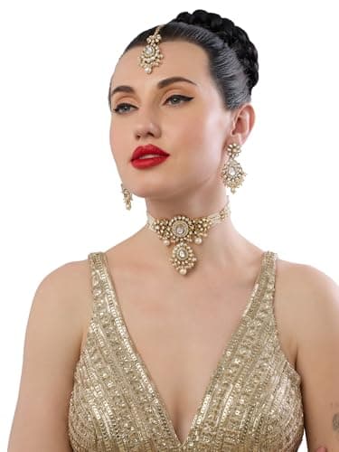 ZAVERI PEARLS Gold Tone Dazzling Kundan Multistrand Pearls Choker Necklace Earring & Maangtikka Set For Women-ZPFK19087 3