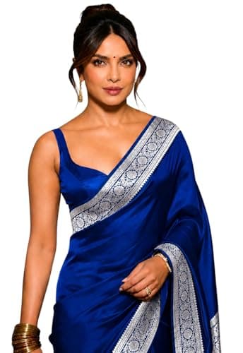 Rabbaitul Bait Banarasi Satin Silk Saree with Silver Zari for Women | Pure Designer Sari | Wedding Party Traditional Outfit | Latest Ethnic Fashion Bollywood Style (Royal Blue)