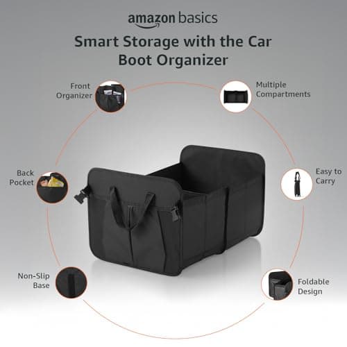 Amazon Basics Car Boot Organizer with 2 Large Compartments & 2 Pockets| Foldable 600D Oxford Storage Box with Securing Straps (Black, 60 x 37 x 31cm) 2