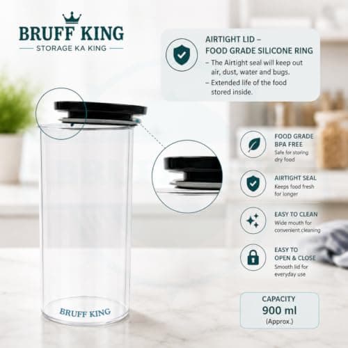 Round Airtight Storage Container 900 ml, Plastic Transparent Kitchen Jar, Leak Proof Silicone Seal Lid, Pantry Organizer For Cereals, Pulses, Rice, Dry Fruits, Cookies, Snacks, Grocery Storage 5