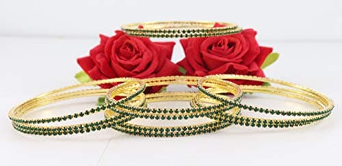 ZULKA Non-Precious Metal Base Metal with Zircon Gemstone Studded worked Glossy Finished Bangle Set For Women and Girls, (Green_2.2 Inches), Pack Of 12 Bangle Set 4