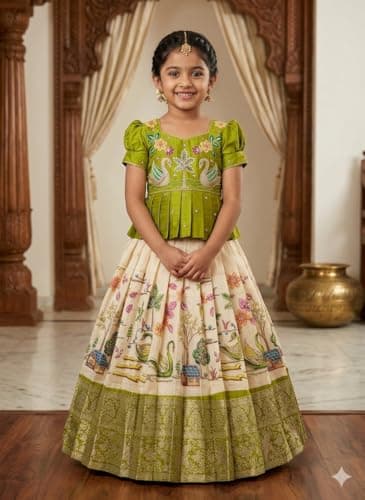 White Button New Latest Girls' Traditional South Indian Pattu Pavadai Set | jacquard Lehenga Choli with Embroidery & Pen Kalamkari Print 3