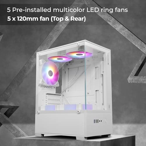 ZEBRONICS Iceberg Premium Gaming Chassis with Support for mATX | Mini ITX, Wraparound Tempered Glass, 120mm Multicolor LED Ring Fans, Top Magnetic Dust Filter, 5 Fans Included (White) 2
