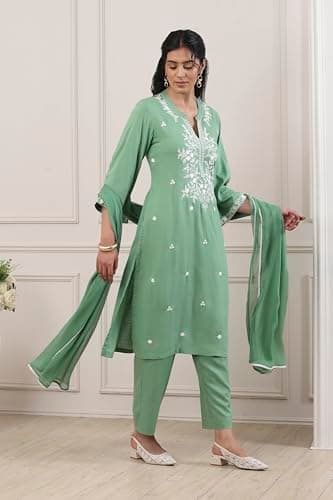 Biba Women Green Viscose Rayon Straight Suit Set_40 4