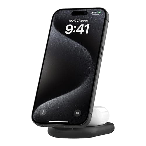 Belkin MagSafe Qi2 Wireless Charger | 2-in-1 Magnetic Foldable 15W | Fast Charger for iPhone 16, 15, 14, 13, 12 | Charging Station with Non-Slip Base | PSU Included | Black