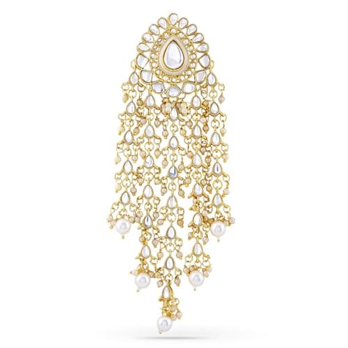 Rubans 18K Gold-Plated Kundan & Pearl Beads Studded Teardrop Motif Multilayer Hair Accessory for Women & Girls – Perfect for Bridal & Festive Looks