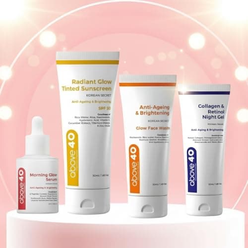 Above 40 Complete Anti-Aging Skincare Set - For All Skin Type - 4-Piece Korean Secret Glow Kit with Retinol Night Gel, Vitamin C Morning Serum, SPF 50 Tinted Sunscreen & Brightening Face Wash - For Al