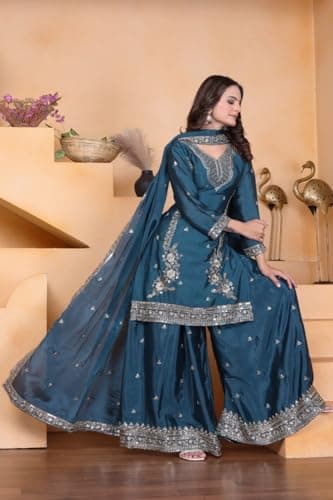 CLOSTYLE Women's Teal Blue Embroidered Sharara Suit Set with Dupatta, Traditional Indian Ethnic Wear, Party Wedding Dress (IN, Alpha, 2XL, Regular) 5