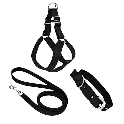 Pawpourri Adjustable Dog Harness, Leash & Collar Combo | Durable Nylon Dog Harness | Comfortable Fit for Daily Walks & Training | Harness Combo for Medium Breeds | Set of 3 pc | Black, Large