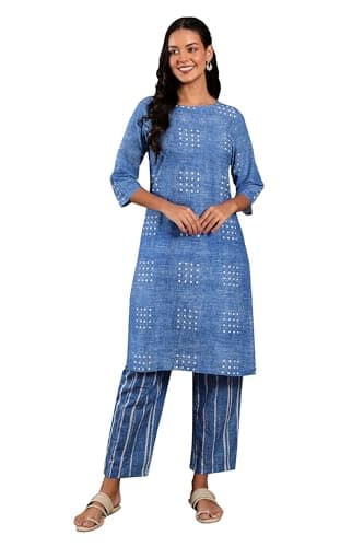 W for Woman Blue Polka Dot Printed Pure Cotton Straight Kurta and Pants Co-ord Set