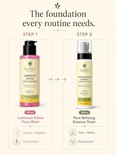 ELAMRA Cleanse & Tone Kit | Luminous Detox Face Wash + Pore Refining Essence Toner | Neem 2% + 15% Rose Water + Witch Hazel + Niacinamide | Deep Cleanse + Pore Control + Oil-Free | 200ml 2