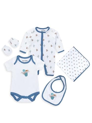 Smart Baby 5 Piece Newborn Clothes Set – Bio-Washed Interlock Fabric | Bodysuit, Sleepsuit, Bib, Blanket & Mittens | Dinosaur Baby Clothes Gift Set | for Baby Girls (Blue, Pack Of 1)