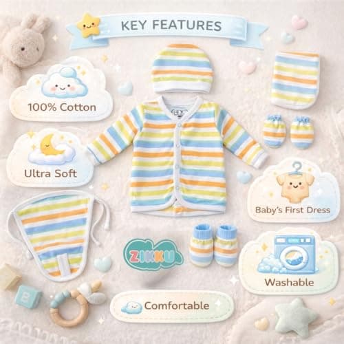 ZIKKU 100% Cotton Newborn Baby Gift Set for 0–6 Months | Soft Infant Clothing Combo for Diwali, Baby Shower, Mundan | Cotton Jabla Nappy Set 2