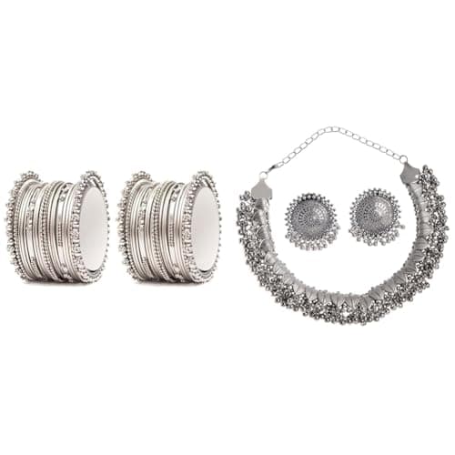 Shining Diva Fashion Women's Oxidised Jewellery Set Latest Stylish Traditional Bangles (Silver) (10780B_2.6) Latest Stylish Traditional Oxidised Silver Necklace Jewellery Set (13157S)