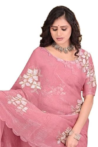 Women's Elegant Saree with Floral Embroidery, Traditional Indian Ethnic Wear For women (pink)