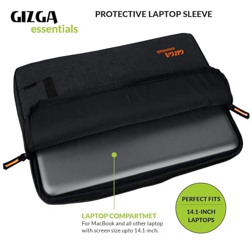Gizga Essentials 14.1 Inch Laptop Sleeve Case Cover Bag with Extra Pouch & Front Pocket | Slim & Water-Resistant Nylon Fabric with Shockproof Foam Padding, Soft Lining & Premium Zipper Closure (Black) 2