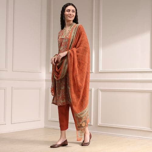 Biba Women Blue Rust Polyester Straight Printed Kurta Set_38 3