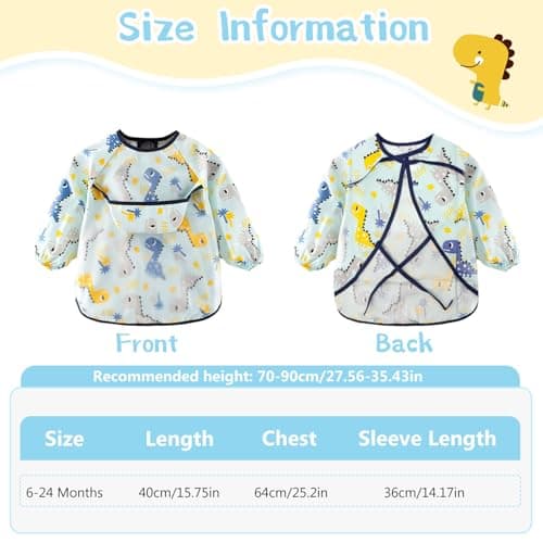 CoolShef Waterproof Baby Bibs for Boys & Girls 6-24 Months, Soft Cotton Feeding Bibs with Sleeves, Adjustable Newborn Bibs, Cute Cartoon Apron for Babies, Washable Toddler Bibs 2