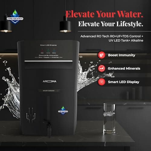 Core Aquatech Aroma RO Water Purifier | RO+UV+UF+Copper+TDS Control | LED Indicator | 12 Liters | 20LPH Flow | Ideal for Borewell, Tanker, Municipal Water .Black 6