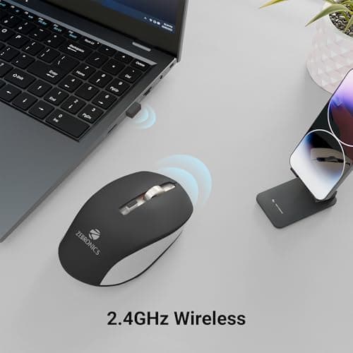 ZEBRONICS Zeb-Jaguar Wireless Mouse, 2.4GHz with USB Nano Receiver, High Precision Optical Tracking, 4 Buttons, Plug & Play, Ambidextrous, for PC/Mac/Laptop (Black+Grey) 2