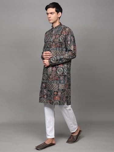 Exotic India Multicolor Thread Embroidered Floral Motifs and Sequins work Georgette Kurta with Cotton Pajama | Ethnic Party Wear Kurta Pajama Combo Set for Men 3