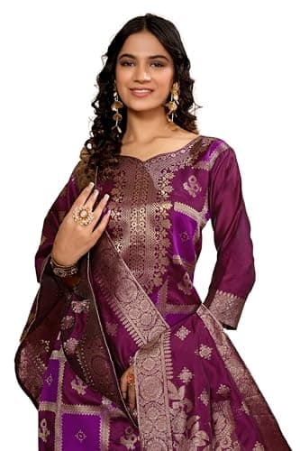 BROYAAR SHOP Traditional Banarasi Jacquard Silk Salwar Suit, 3-Piece Ethnic Dress Set (IN, Alpha, 2XL, Regular, Standard, Wine)