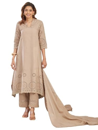 BIBA Embroidered Cotton Asymmetric Casual Kurta With Palazzo And Dupatta