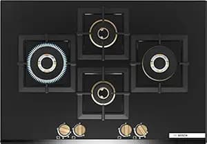 Bosch Built in Gas Hob Black Tempered glass Glass 4 Burner Auto Ignition 75 cm Full Brass 3D Ring Burners with Matt Black Heat Shields & Cast Iron pan supports (PNI7B6G20I)
