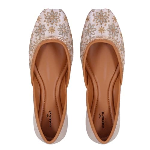CatBird Women Traditional Jutti with Floral Embroidery | Ethnic Slip-On Mojari | Comfortable Festive & Casual Wear Flats|5UK Off White