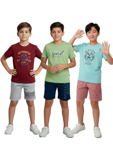 HELLCAT Boys Printed Round Neck T-Shirt with Shorts Set | Multicolor | Pack of 3_Maroon_9-10Years