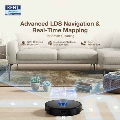 KENT RoboKlean R1 Black 2-in-1 AI Robotic Vacuum Cleaner & Mop, 8500Pa Suction, 5200mAh Battery, 3D Mapping, Laser Navigation, Wet & Dry Cleaning, 260 Minutes Run-Time, Floor & Carpet, Anti Fall 4