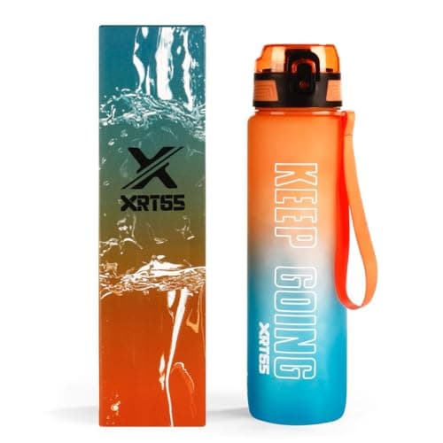 XRT65 1 Litre Gym Water Bottle with Sipper Lid | Leakproof Sports Bottle with Clear Litre Markings | Strong Lightweight Bottle for Fitness, Training, Hiking & Daily Use (Orange + Blue)