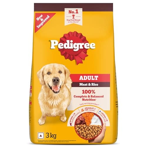 Pedigree Adult Dry Dog Food, Meat & Rice, 3 kg, Contains 37 Essential Nutrients, 100% Complete & Balanced Food for Adult Dogs