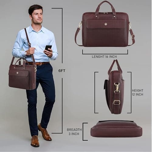 WildHorn Men's Leather Laptop Messenger Bag I Fits Upto 15.6 Inch Laptop/MacBook I Padded Laptop Compartment I Carry Handles with Adjustable Strap I Dimension : L-16 inch W-3 inch H-12 inch,Maroon 2