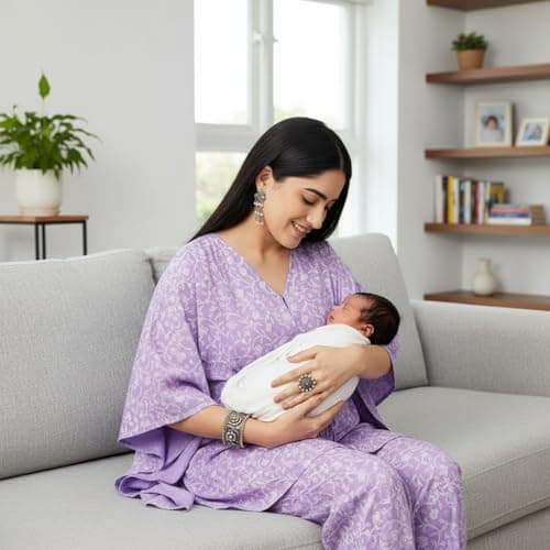 Aaheli Women’s Rayon Printed Maternity Kaftan Top & Pant Set – Soft Lavender | Comfortable Nursing Wear | V-Neck Feeding Pyjama Set for Pregnancy | Lavender, XL 2
