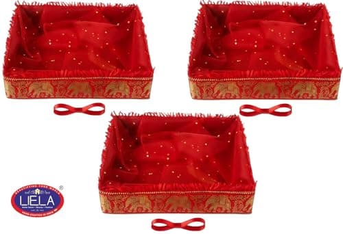 LIELA Decorative gift basket square 10"x10"x3" set of 3 for Diwali, Rakhi, Wedding, Navratri, pooja etc. pack variety of items waffers, chips, namkeen, juices, fruits, sweet etc. Premium Gift Hamper. 3