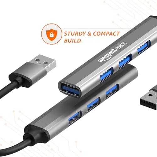 Amazon Basics 4-in-1 Hub Multiport Adapter, USB Hub with Aluminium Shell, 1 x USB 3.0 & 3 x USB 2.0 for PC, MacBook, Mac mini, iMac, Tablet, and Mobile Phones 5