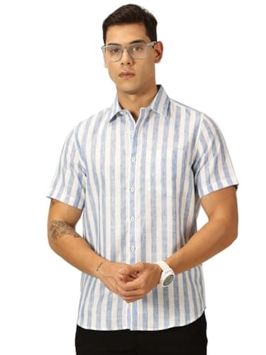 Thomas Scott Mens Half Sleeves Cotton Linen Striped Casual Shirt (TS1375_Blue, S)
