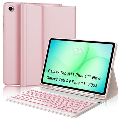 Keyboard Case for Samsung Galaxy Tab A11+ Plus 2025 & A9+ Plus 11 Inch 2023 Detachable Backlit Keyboard, for Samsung Tablet Keypad A9+ Protector Folio with Pen Holder, 7 Colors Backlight, Pink