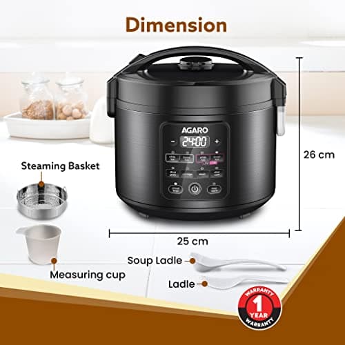 AGARO Regal Electric Rice Cooker, 3 Litres Ceramic Inner Bowl, 750gms (approx. 5 cups) raw rice, SS Steamer, Preset Cooking Functions, Preset Timer, Keep Warm Function, LED Display, Black 5