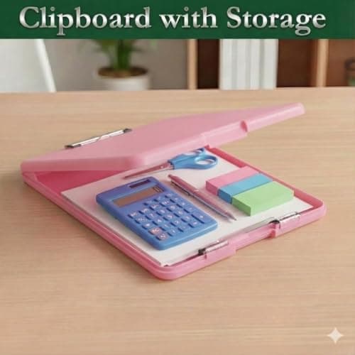 Yajnas A4 Size Clipboard with Storage Box | 180° Foldable Exam Pad & Writing Board | Heavy Duty Plastic File Folder with Pen Holder & Paper Storage for Students, Office & Field Use (Baby Pink) 2