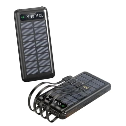 AMYTEL 10000mAh Solar Power Bank with 4 Built-in Cables, Dual USB Output & Type-C Fast Charging Portable Charger for Mobile Devices – Black