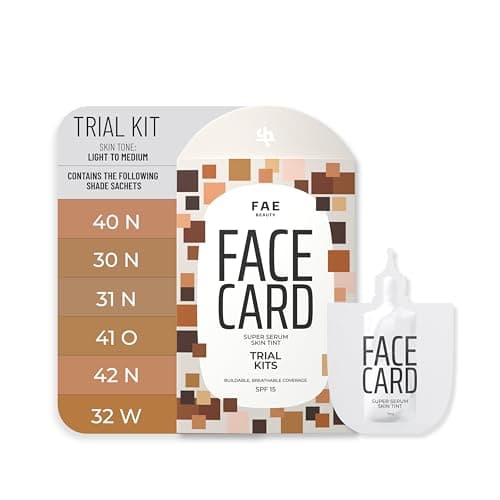 FAE Beauty Face Card Skin Tint Mini Trial Kit – SPF 15 Serum Foundation for Women | Lightweight | Natural Dewy Finish | Sheer to Medium coverage | Shades 40N, 30N, 31N, 41O, 42N, 32W (Light to Medium)