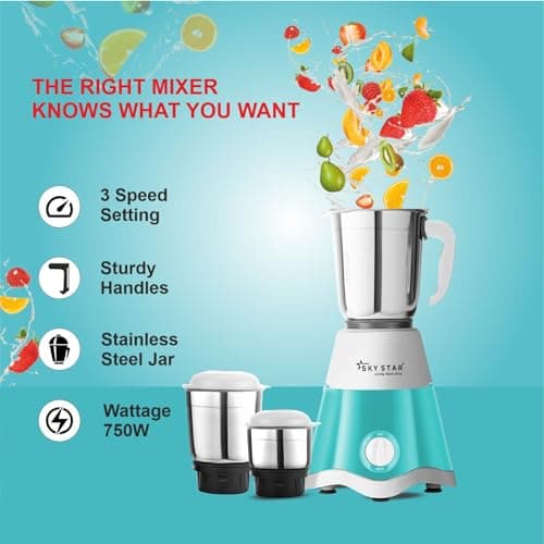 Skystar Star Eco 750 W Juicer Mixer Grinder For Kitchen With 4 Mixer Jars for Juicing, Mixing, and Grinding |Featuring Powertron Motor & Vent-X Technology |White Blue| 2 Years Motor Warranty 2