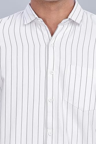 MILDIN Men's Pure Cotton Striped Printed Shirt with Spread Collared Neck Full Sleeve Curved Hemline Button Closure and Regular Fit | Shirt for Man White Oxford Single Full - M 5